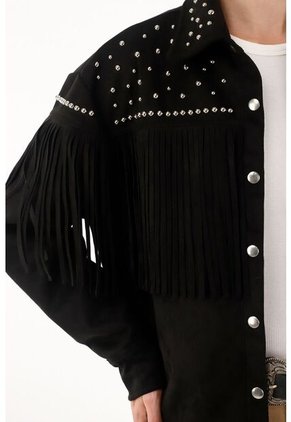 Chaqueta Con Flecos Y Taches Negra Para Mujer