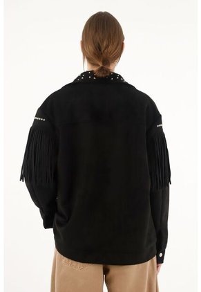 Chaqueta Con Flecos Y Taches Negra Para Mujer