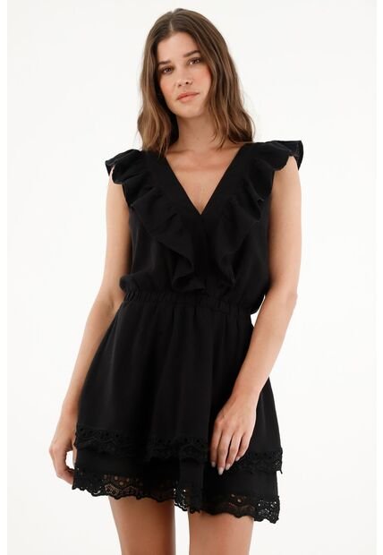 Vestido Corto Con Detalles De Encaje Negro Para Mujer