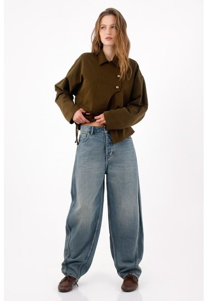 Tennis Jean Wide Leg Con Costuras Curvas En Algodón Azul Para Mujer