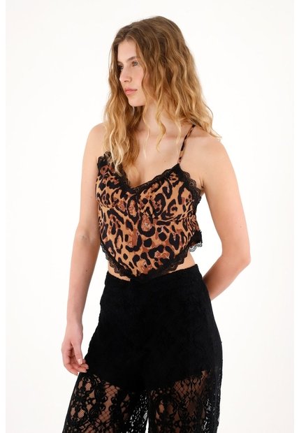Camisa Crop Estampada Con Encaje Para Mujer