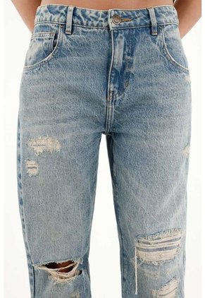 Jean Recto Tiro Alto Con Rotos Para Mujer