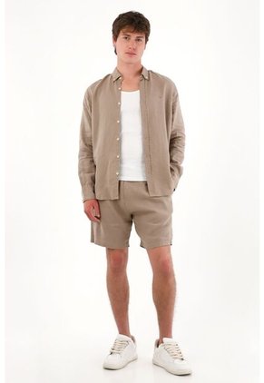 Tennis Camisa En 100% Lino Con Mini Bordado Gris Para Hombre