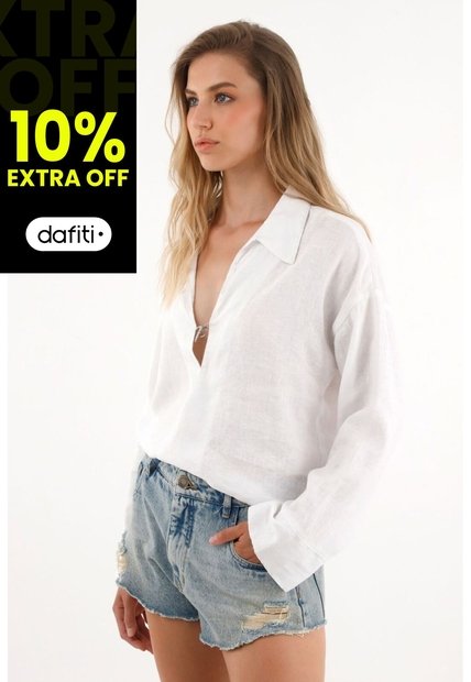 Tennis Camisa Blanca Manga Larga Con Escote 100% Lino Para Mujer