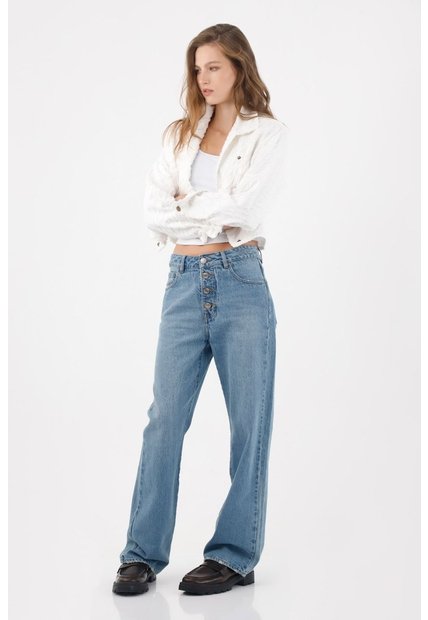 Tennis Jean Recto Con Botonadura Visible En Denim Para Mujer