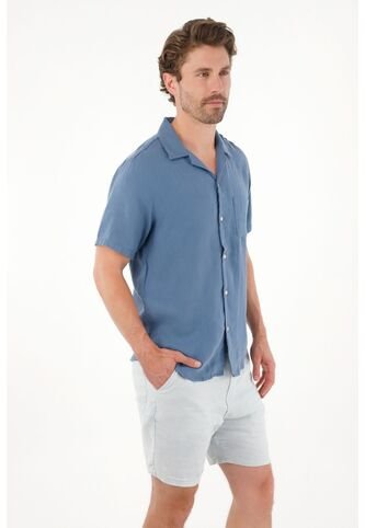 Tennis Camisa Manga Corta En 100% Lino Azul Para Hombre Tennis