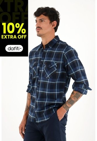 Tennis Camisa Leñadora Con Botones En Madera Azul De Ajuste Cómodo Para Hombre Tennis