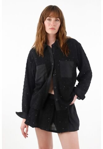 Tennis Camisa Con Detalles De Lentejuelas Y Lino Negra Para Mujer Tennis