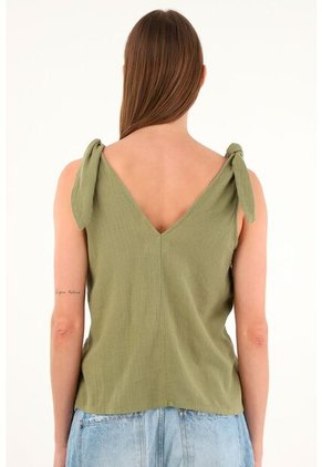 Camisa Verde De Escote En V Y Tiras Para Mujer
