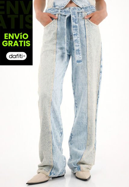 Tennis Jean Wide Leg Con Detalle De Malla Y Brillo Para Mujer
