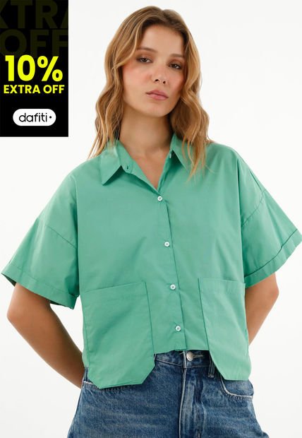 Camisa Verde Con Ruedo Al Corte Para Mujer