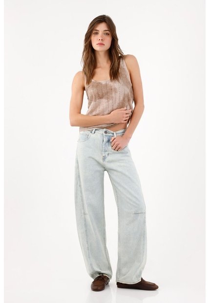 Tennis Jean Wide Leg Con Costuras Paneladas En Algodón Azul Claro Para Mujer