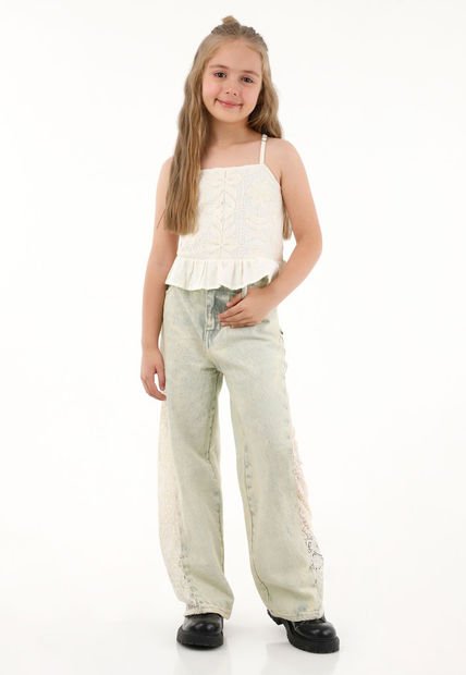 Jean Wide Leg Tiro Alto Con Detalles De Encaje Azul Para Niña