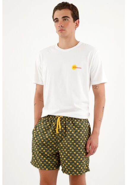 Pantaloneta De Baño Verde Con Mini Print De Bananas Para Hombre