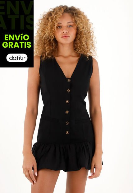 Tennis Vestido Corto Negro Con Falda Globo Para Mujer