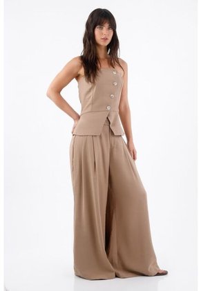 Tennis Top Strapless Para Mujer En Tejido Suave Beige Entallado Con Botones Asimétricos