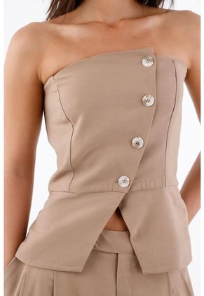 Tennis Top Strapless Para Mujer En Tejido Suave Beige Entallado Con Botones Asimétricos