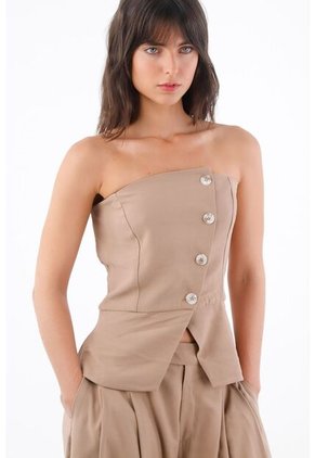 Tennis Top Strapless Para Mujer En Tejido Suave Beige Entallado Con Botones Asimétricos