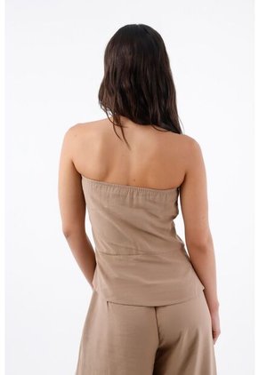 Tennis Top Strapless Para Mujer En Tejido Suave Beige Entallado Con Botones Asimétricos