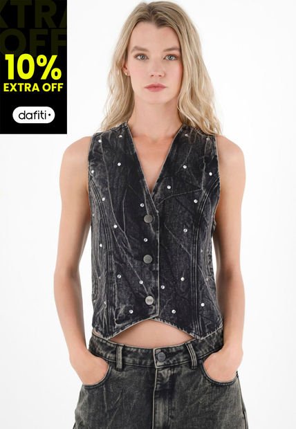 Chaleco Negro Con Mini Apliques Para Mujer