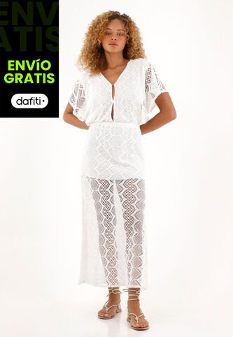 Tennis Vestido Largo Crudo Con Escote En V Para Mujer Tennis