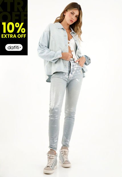 Sobrecamisa Azul Denim Con Apliques Para Mujer