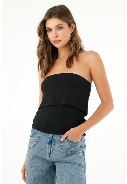 Tennis Camiseta Strapless Negra Con Escote Elástico Para Mujer
