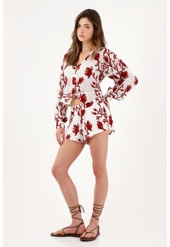 Tennis Bermuda Fit Relajado Con Estampado Floral Rojo En Poliéster Blanco Para Mujer Tennis