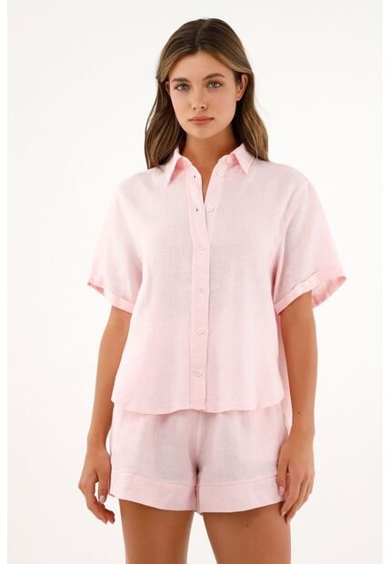 Camisa Rosada Manga Corta En 100% Lino Para Mujer