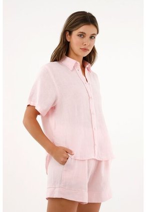 Camisa Rosada Manga Corta En 100% Lino Para Mujer