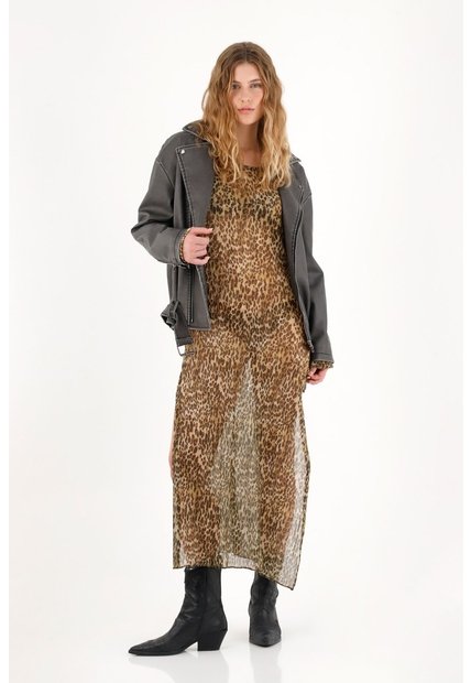Vestido Largo Traslúcido Animal Print Para Mujer