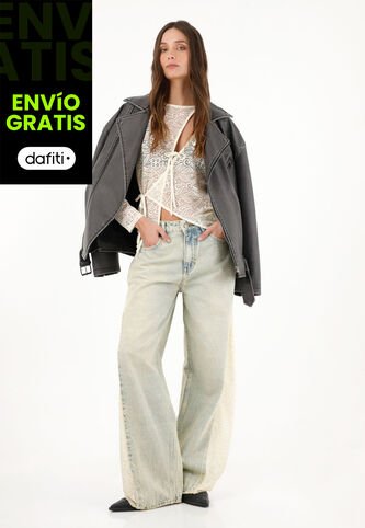 Tennis Jean Wide Leg Tiro Alto Con Encaje En Laterales Para Mujer Tennis