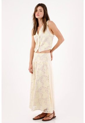 Tennis Falda Larga Evasé Con Encaje Crochet Floral De Algodón Marfil Para Mujer