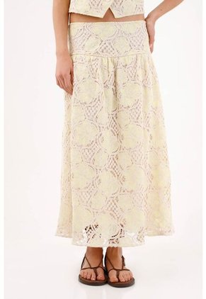 Tennis Falda Larga Evasé Con Encaje Crochet Floral De Algodón Marfil Para Mujer