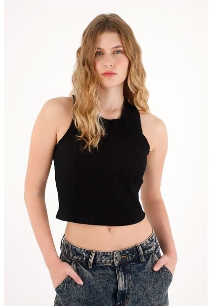 Tennis Camiseta Negra En Rib Manga Sisa Para Mujer