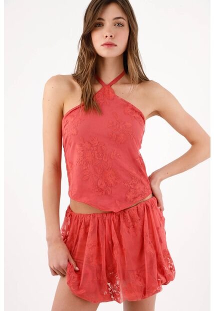 Tennis Top Halter Holgado Con Escote Cruzado En Poliamida Coral Para Mujer