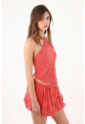 Tennis Top Halter Holgado Con Escote Cruzado En Poliamida Coral Para Mujer