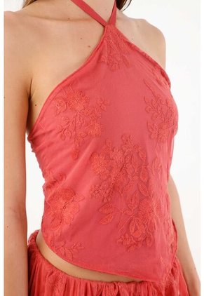 Tennis Top Halter Holgado Con Escote Cruzado En Poliamida Coral Para Mujer