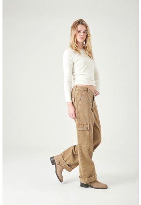 Tennis Pantalón Cargo Wide Leg Con Bolsillos Laterales En Algodón Caqui Para Mujer