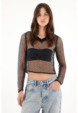 Tennis Camiseta Crop En Malla Negra Para Mujer Tennis