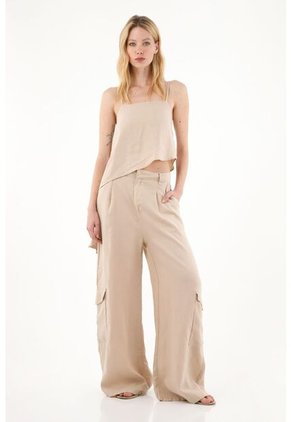 Pantalón Wide Leg En 100% Lino Café Para Mujer