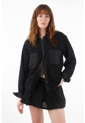 Tennis Camisa Con Detalles De Lentejuelas Y Lino Negra Para Mujer