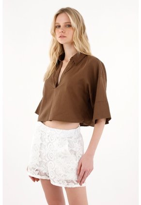 Tennis Camisa Boxy Fit Manga Corta Café Para Mujer