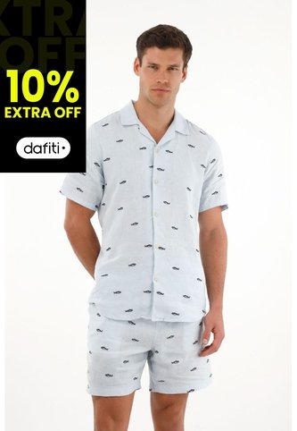 Tennis Camisa Azul Con Bordado De Peces Para Hombre Tennis