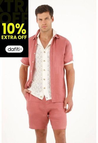 Camisa Manga Corta En 100% Lino Naranja Para Hombre Tennis