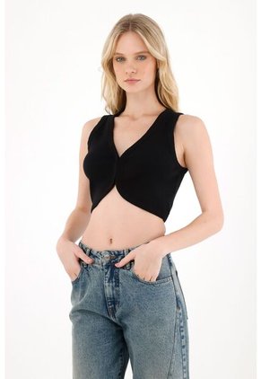 Tennis Camiseta En Rib Con Ajuste De Broches Negra Para Mujer