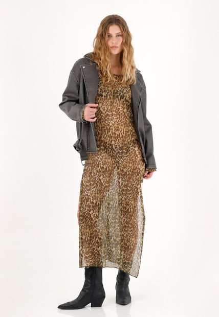 Vestido Largo Traslúcido Animal Print Para Mujer