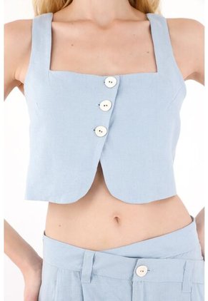 Tennis Chaleco En 100% Lino Crop Azul Para Mujer