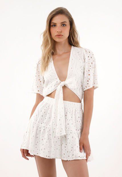 Vestido Crudo Corto En Ojalillo Para Mujer
