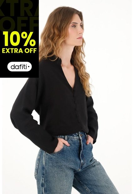 Tennis Camisa Negra Cuello Neru En 100% Lino Para Mujer